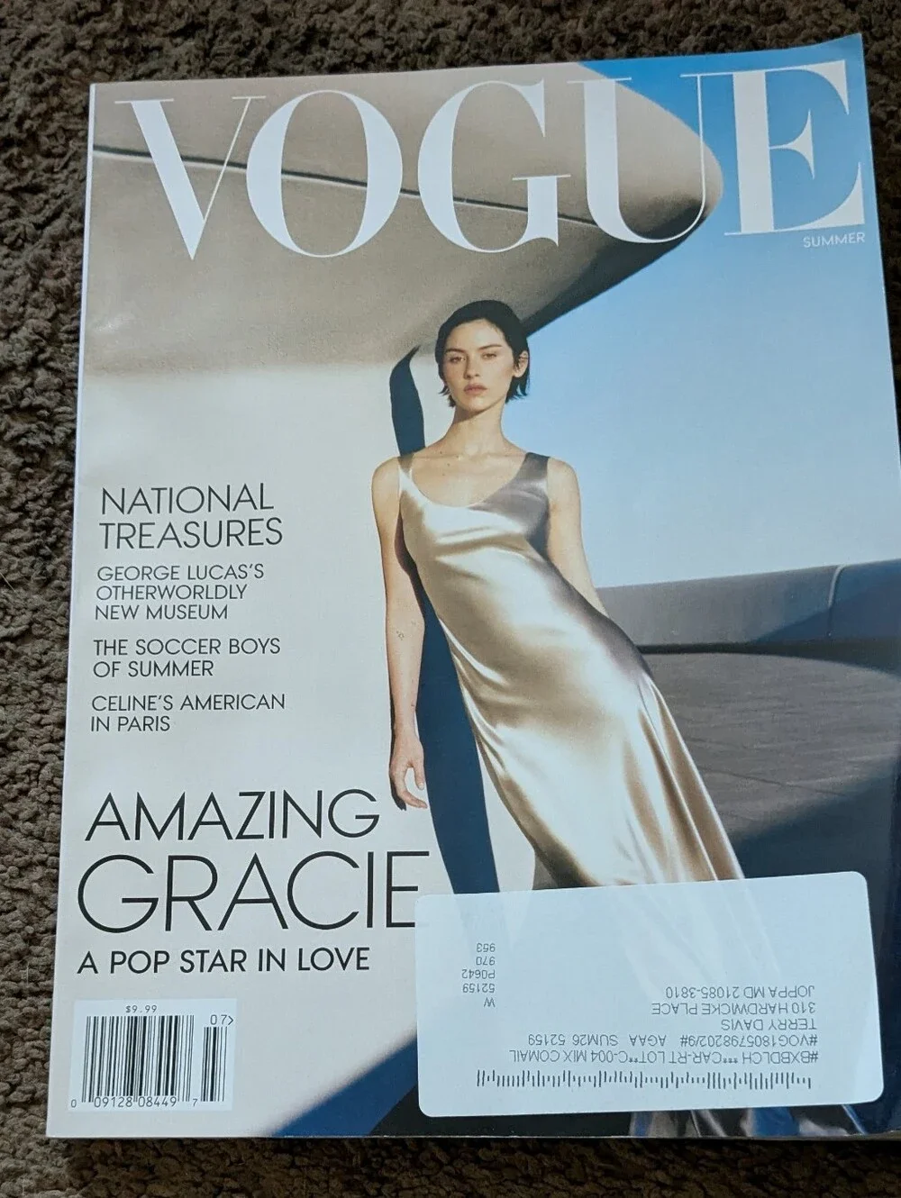 Vogue Summer Cover — Champagne Satin Dress on Pale Blue Sky - Picture 1 of 3